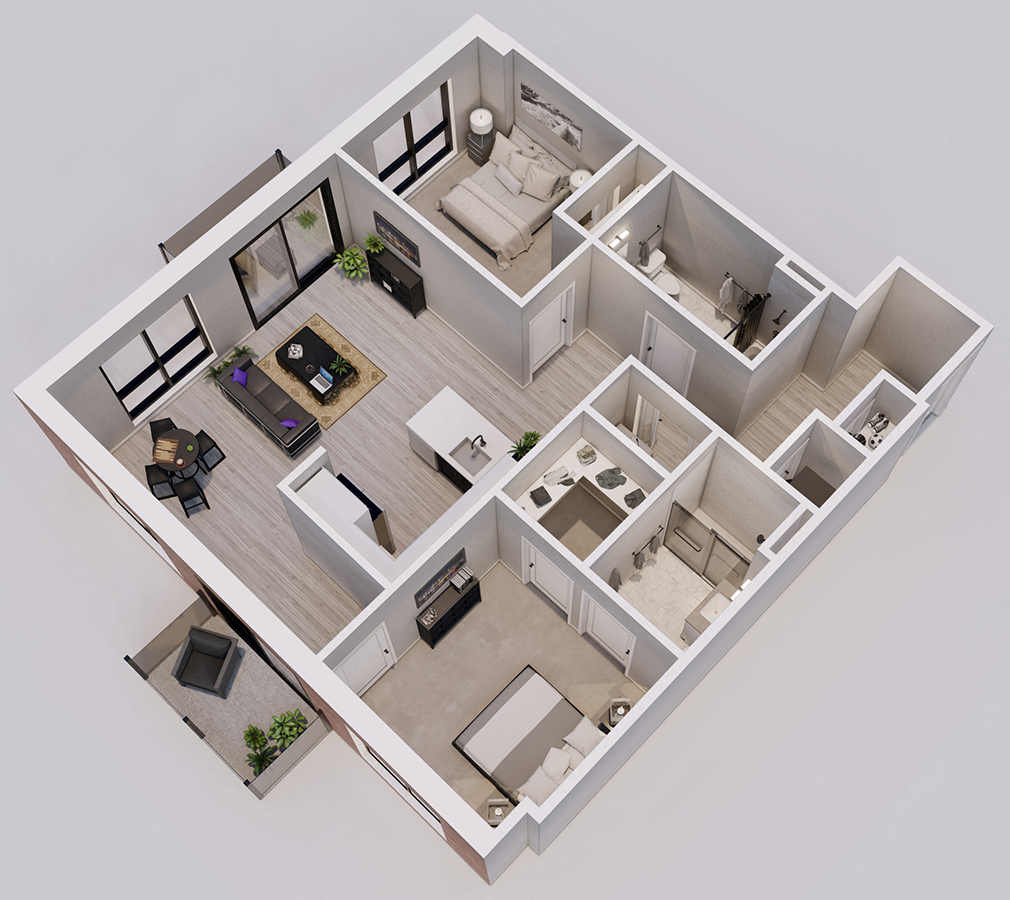 Floor plan for 2 beds, 2 baths, 1061 sqft